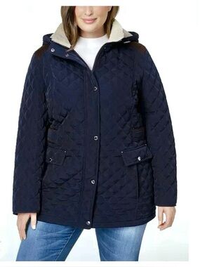 Dark navy blue quilted hooded coat Laundry by Shelli Segal